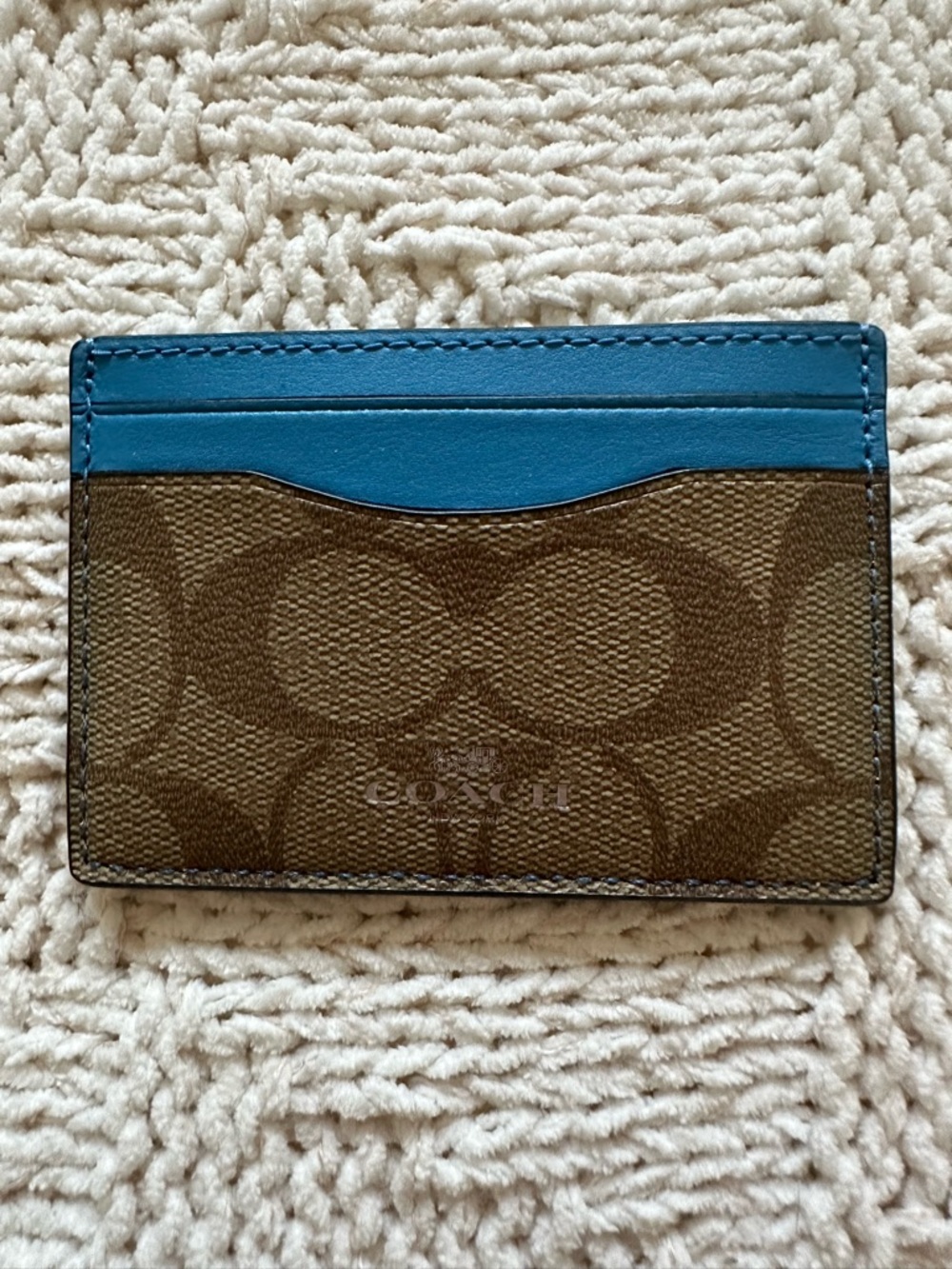 Coach Brown Signature Canvas Card Case with Blue Trim